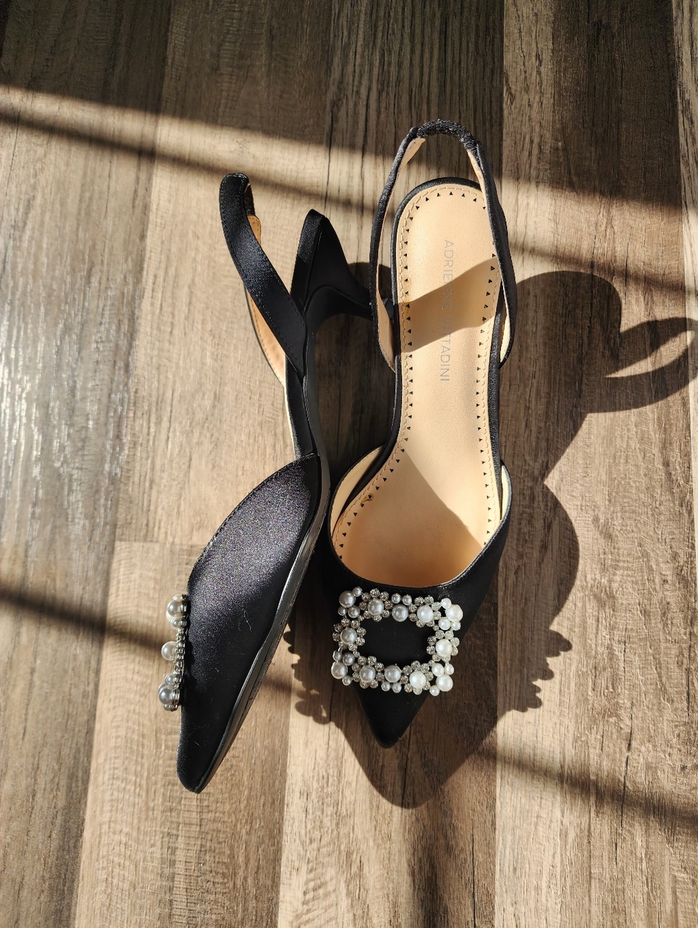 Black Pearl-Embellished Slingback Pointed Toe Heels - Picture 2 of 7